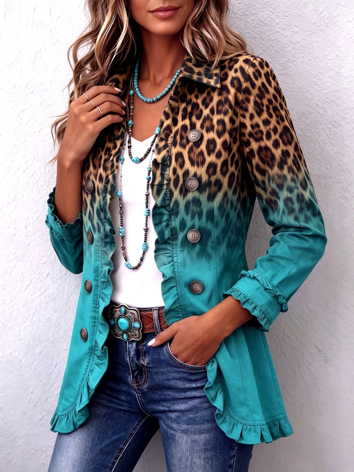 Leopard Print Ombre Ruffle Trim Button Front Jacket