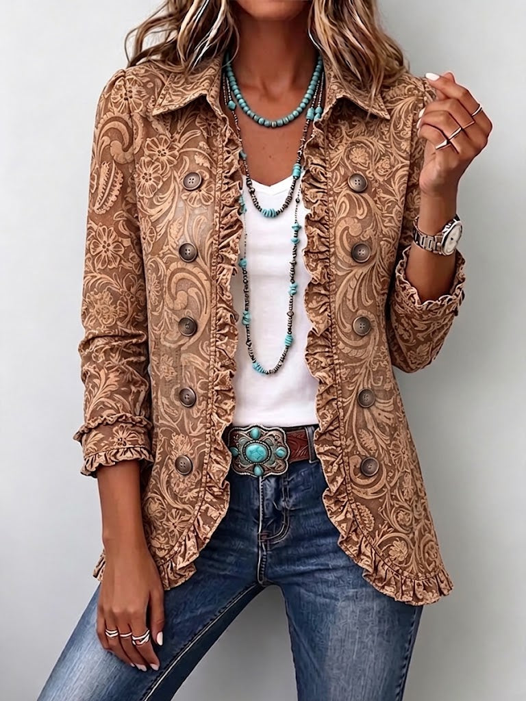 Paisley Print Ruffle Trim Button Front Jacket