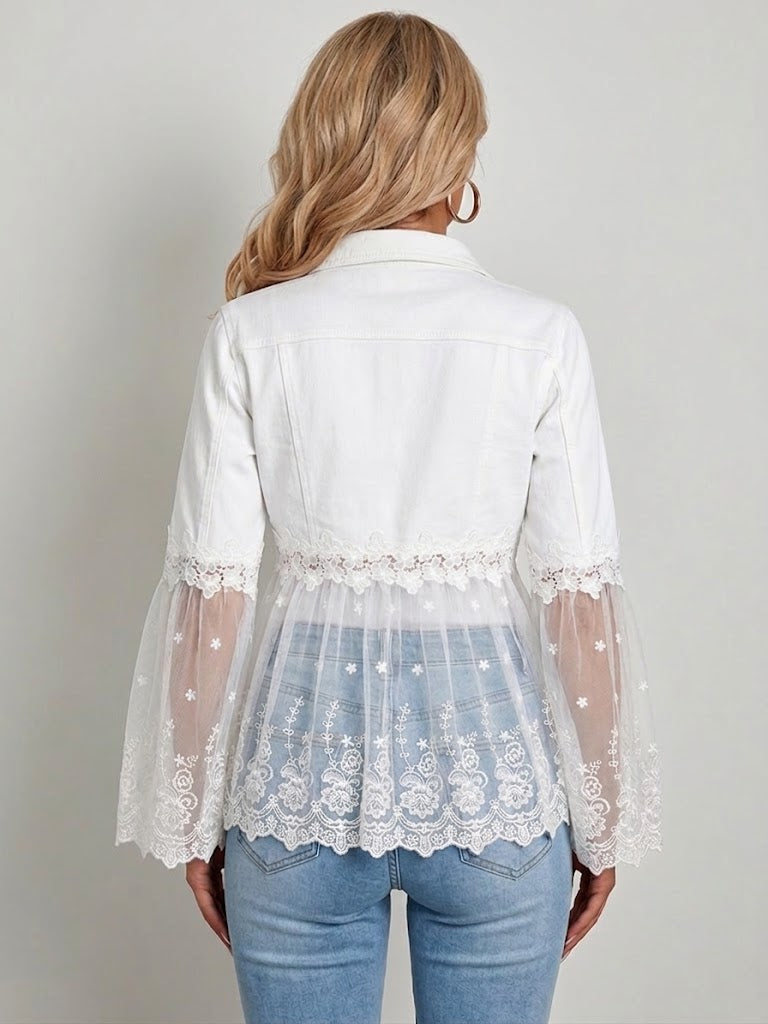Lace Panel Mesh Hem Button Front Denim Jacket