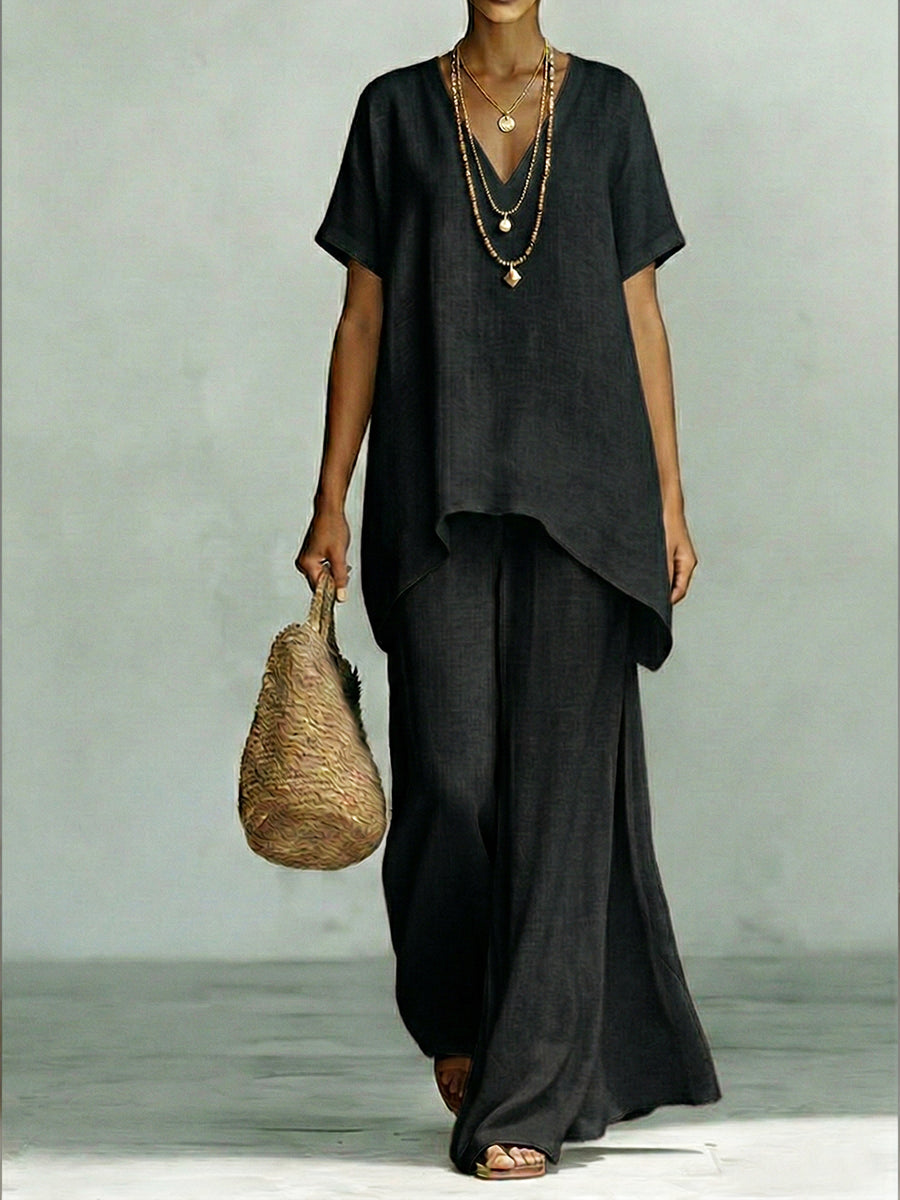 V-Neck Short Sleeve High Low Top and Wide Leg Pants Two Piece Set