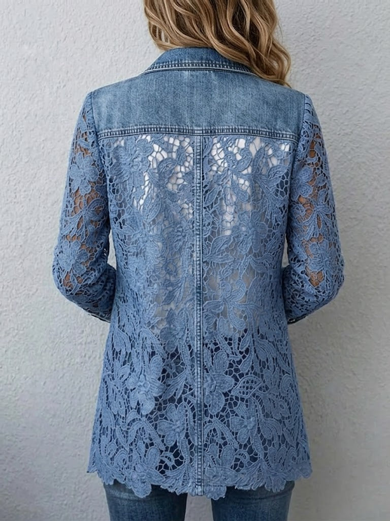 Floral Lace Panel Denim Look Notch Lapel Blazer