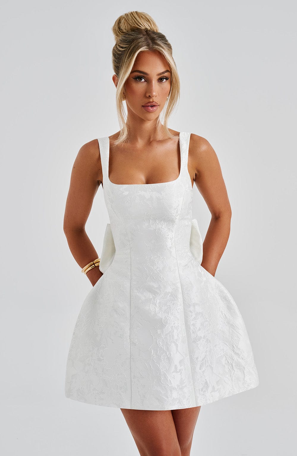 Floral Jacquard Square Neck Sleeveless Bow Back Puffball Mini Dress 11