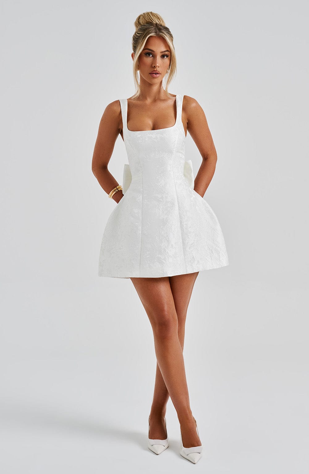 Floral Jacquard Square Neck Sleeveless Bow Back Puffball Mini Dress 13