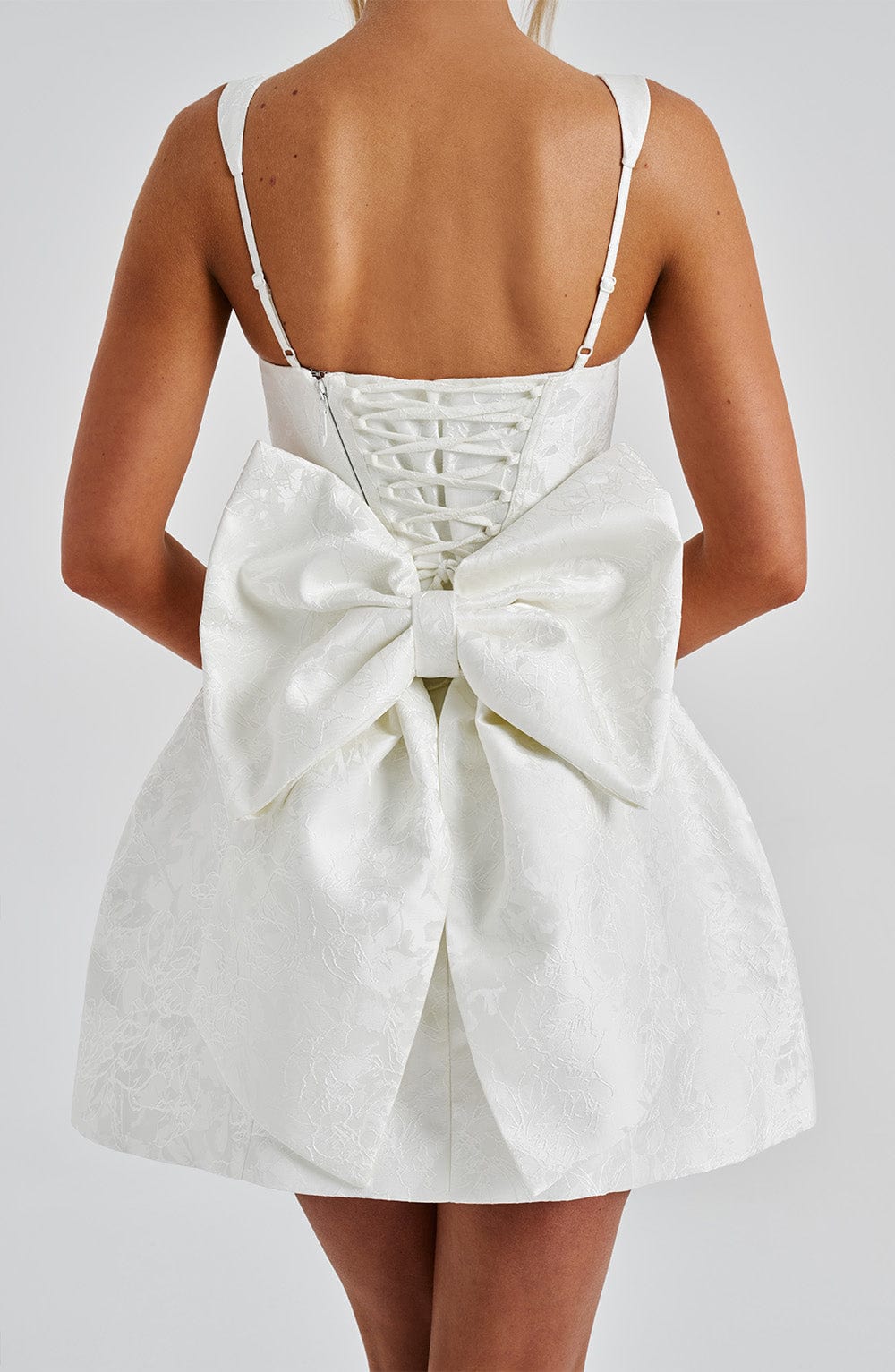 Floral Jacquard Square Neck Sleeveless Bow Back Puffball Mini Dress 12