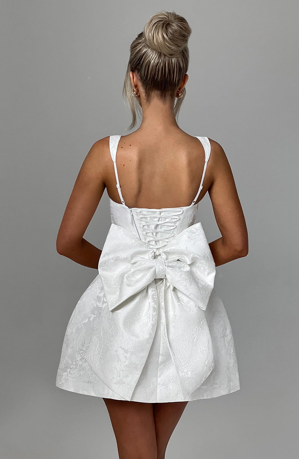 Floral Jacquard Square Neck Sleeveless Bow Back Puffball Mini Dress 2