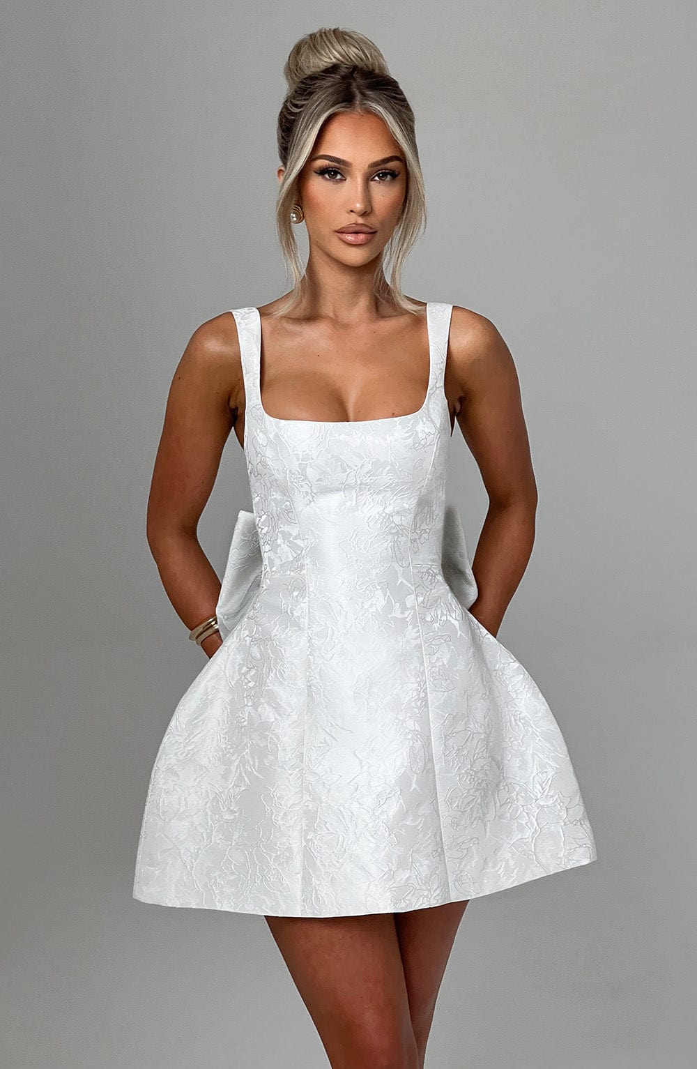 Floral Jacquard Square Neck Sleeveless Bow Back Puffball Mini Dress