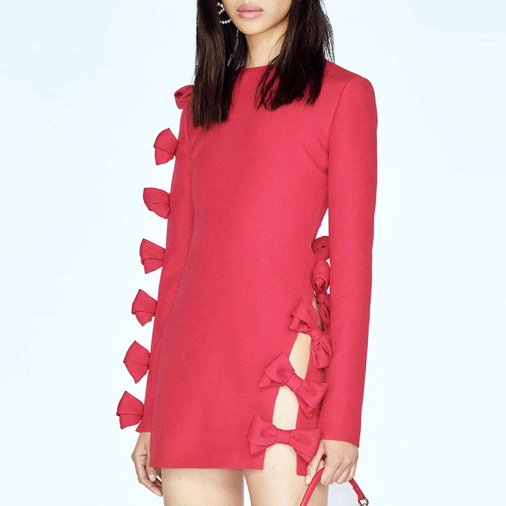 Ornate Bow Applique CutOut Crew Neck Long Sleeve Bodycon Mini Party Dress