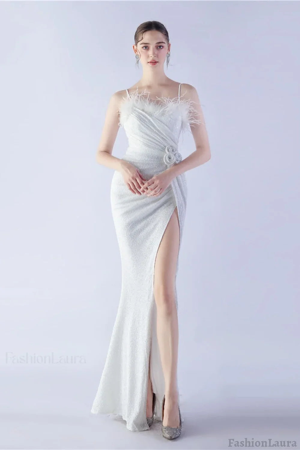 Ostrich Feather Embellished Maxi Dress