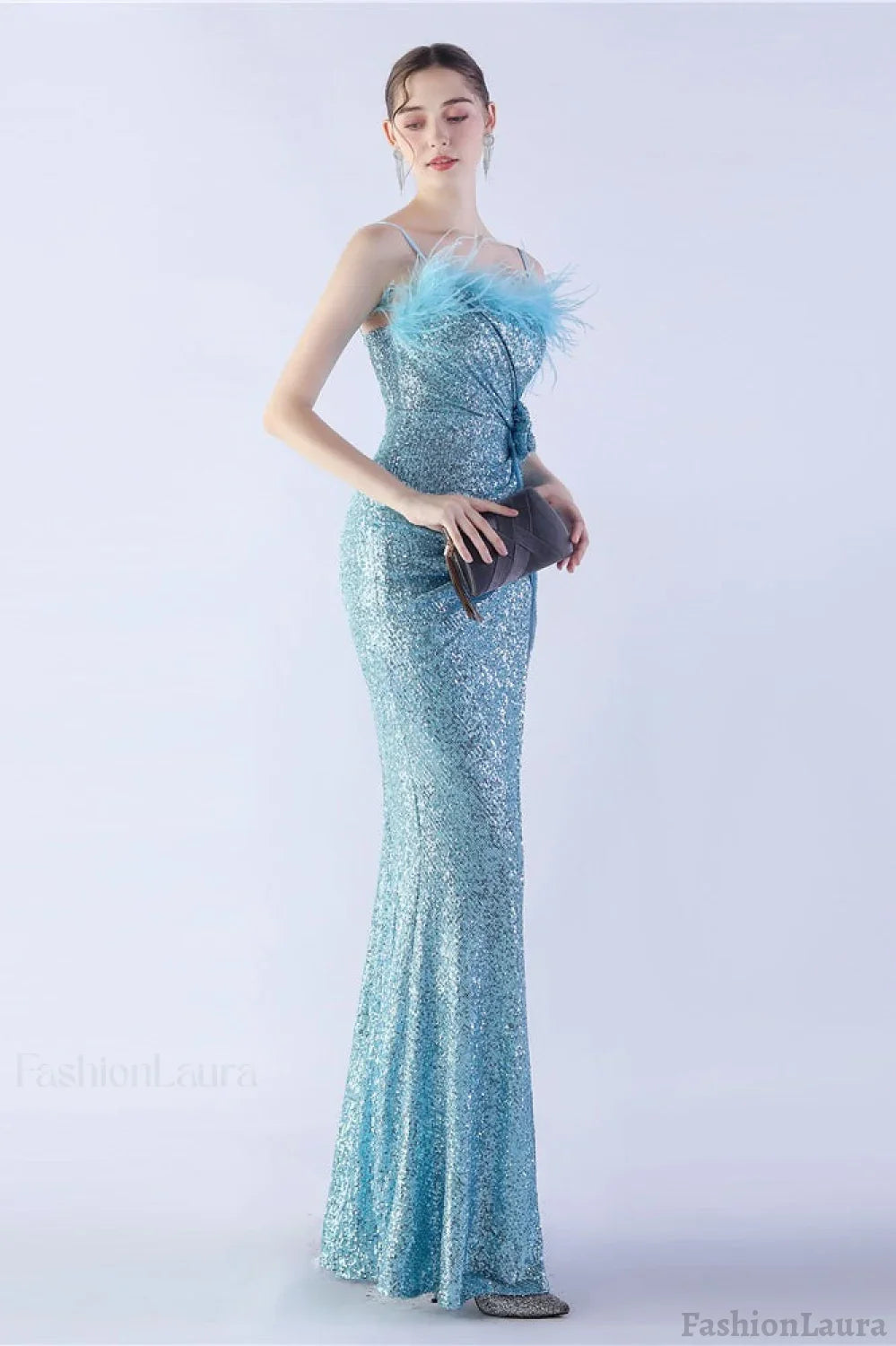Ostrich Feather Embellished Maxi Dress Blue / S