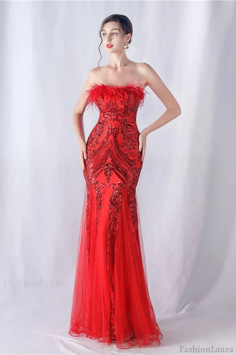 Ostrich Feather Sequin Evening Party Dress