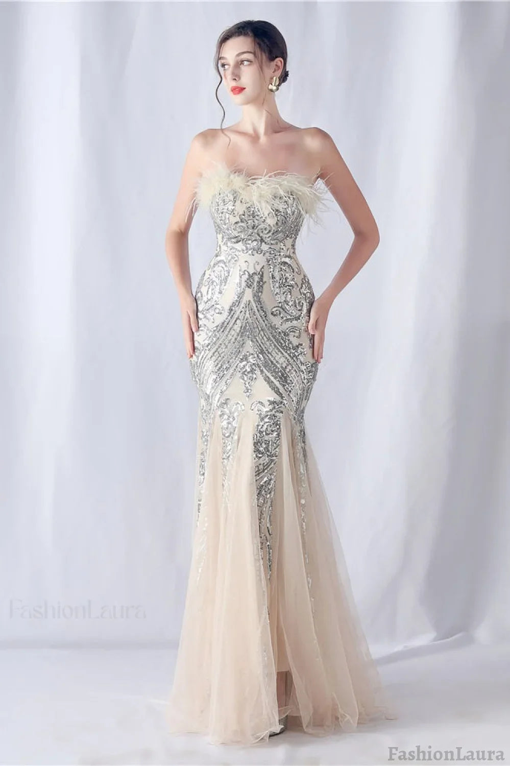 Ostrich Feather Sequin Evening Party Dress