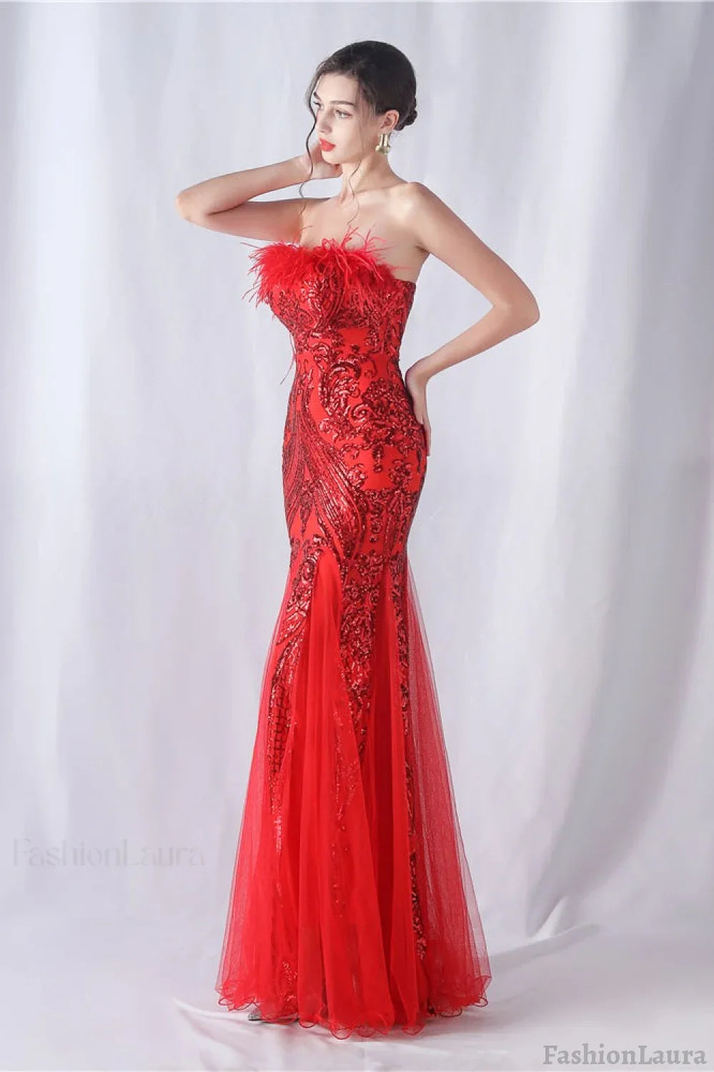 Ostrich Feather Sequin Evening Party Dress