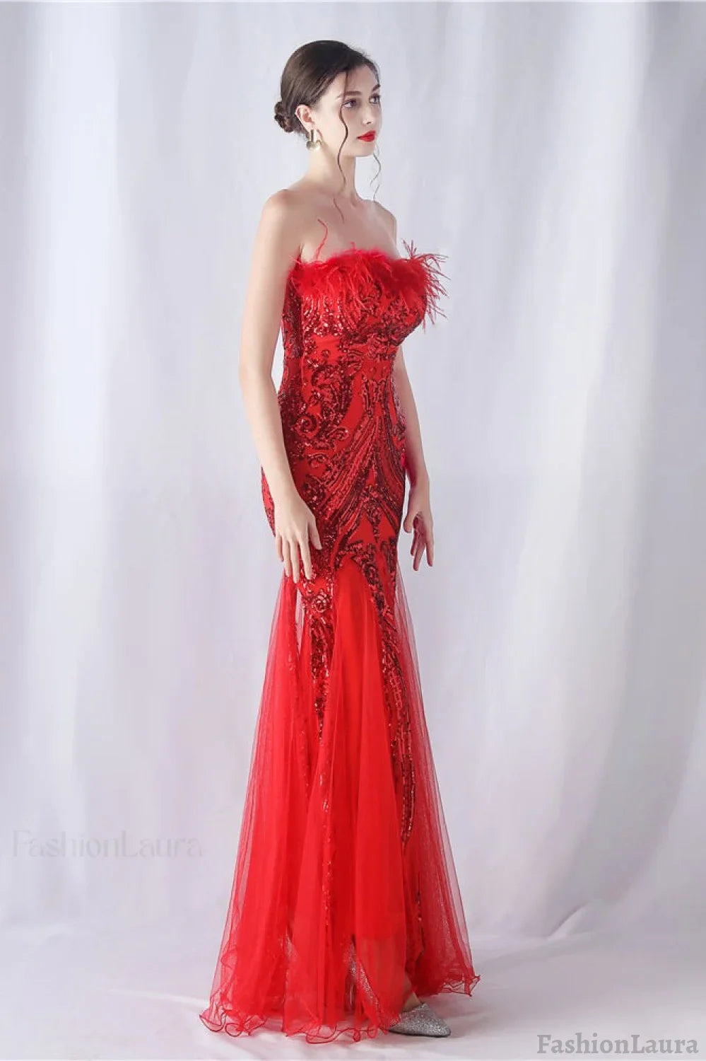 Ostrich Feather Sequin Evening Party Dress