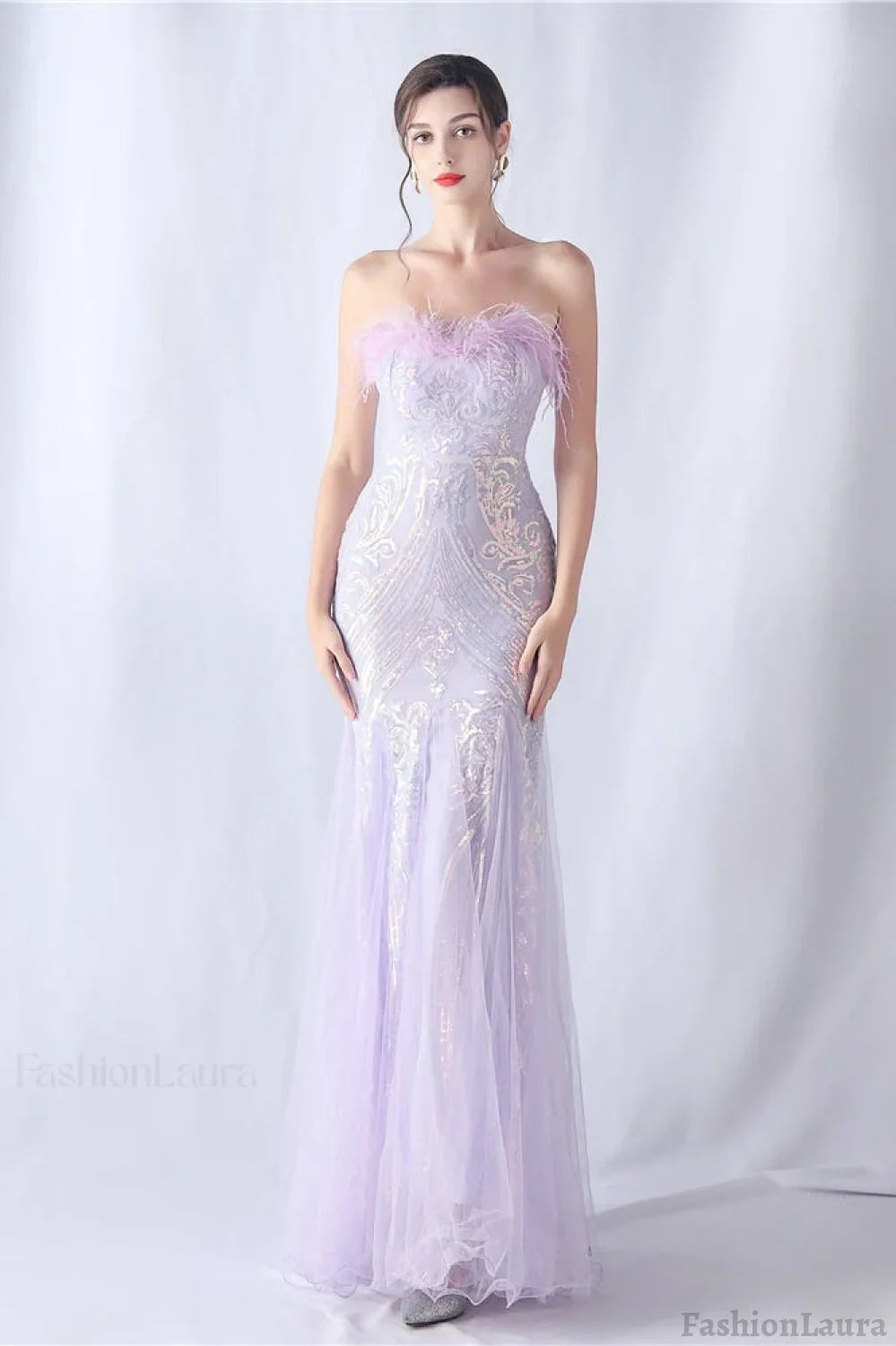 Ostrich Feather Sequin Evening Party Dress Purple / S