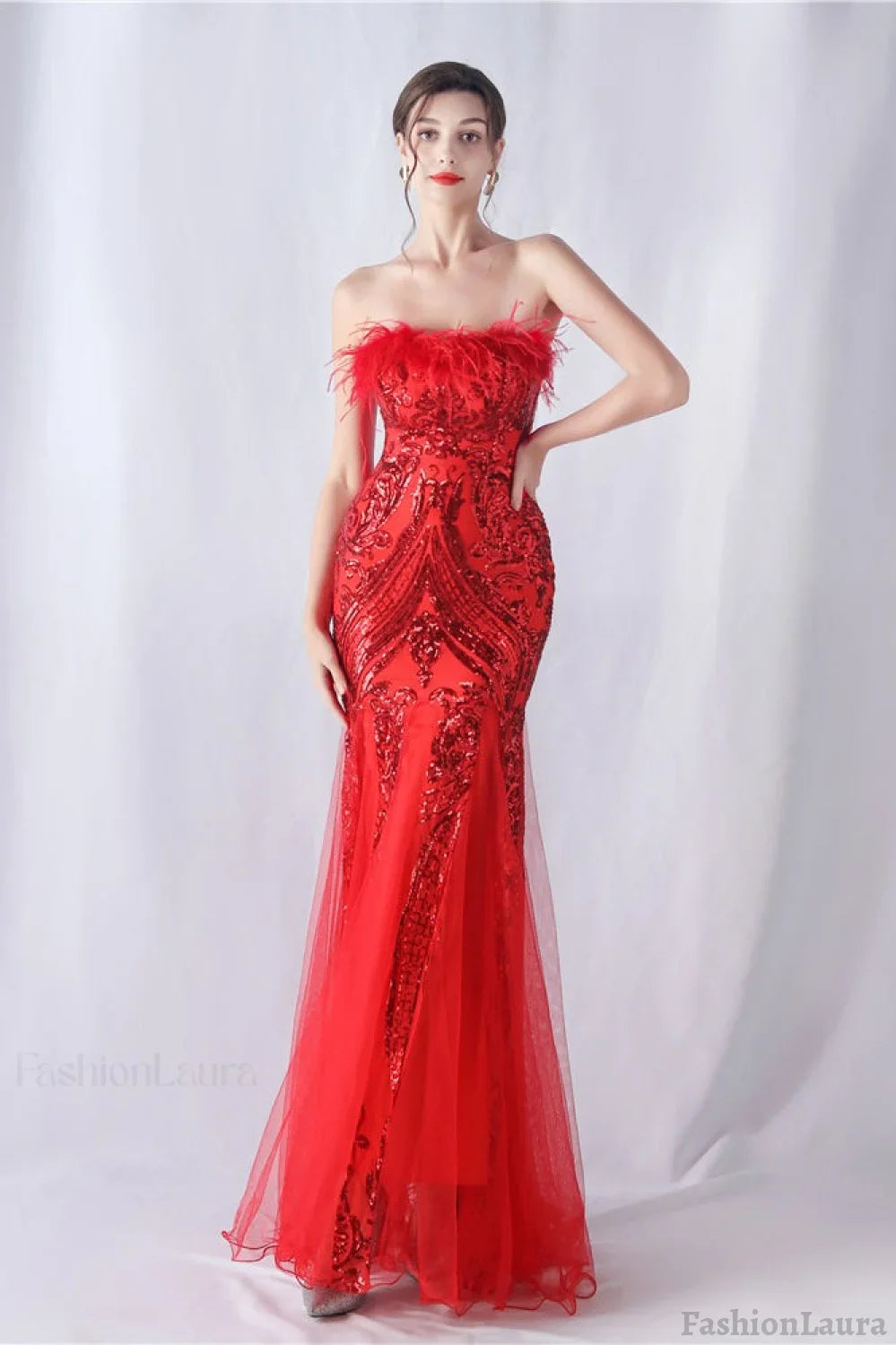 Ostrich Feather Sequin Evening Party Dress Red / S