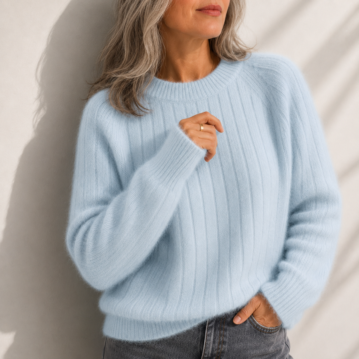 Crew Neck Ribbed Fuzzy Knit Sweater