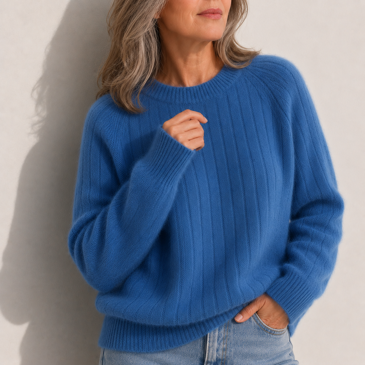 Crew Neck Ribbed Fuzzy Knit Sweater