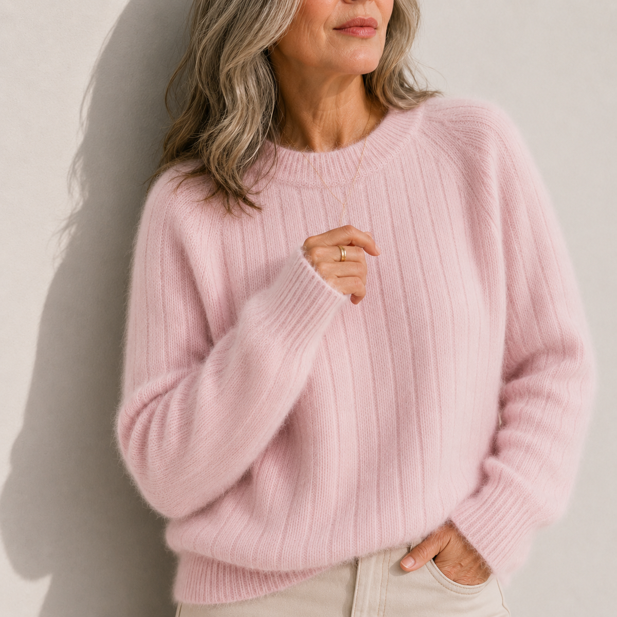 Crew Neck Ribbed Fuzzy Knit Sweater