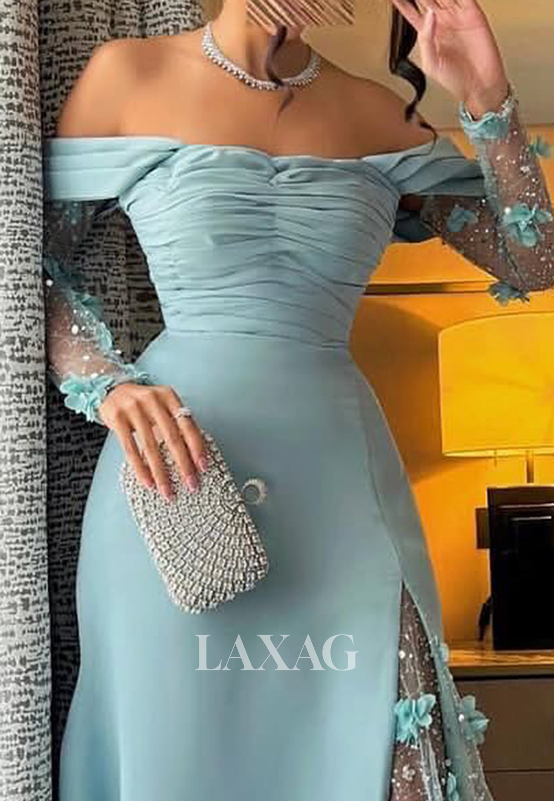 Sweetheart Long-Sleeves A-Line Evening Dress Floral Embellished Sequined Floor-Length Formal Gowns