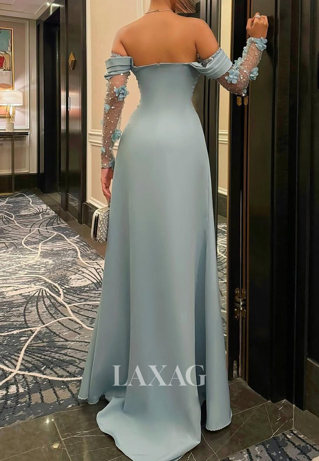 Sweetheart Long-Sleeves A-Line Evening Dress Floral Embellished Sequined Floor-Length Formal Gowns