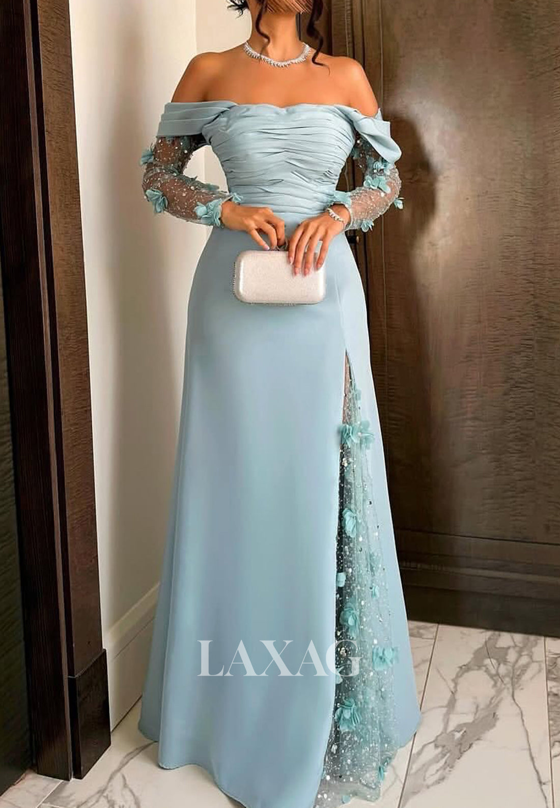 Sweetheart Long-Sleeves A-Line Evening Dress Floral Embellished Sequined Floor-Length Formal Gowns