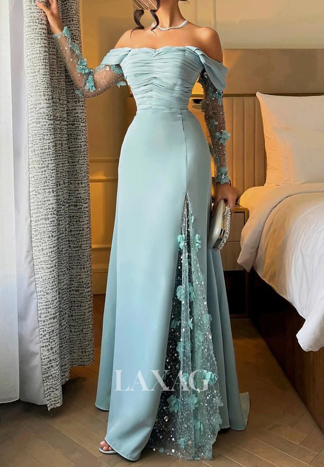 Sweetheart Long-Sleeves A-Line Evening Dress Floral Embellished Sequined Floor-Length Formal Gowns