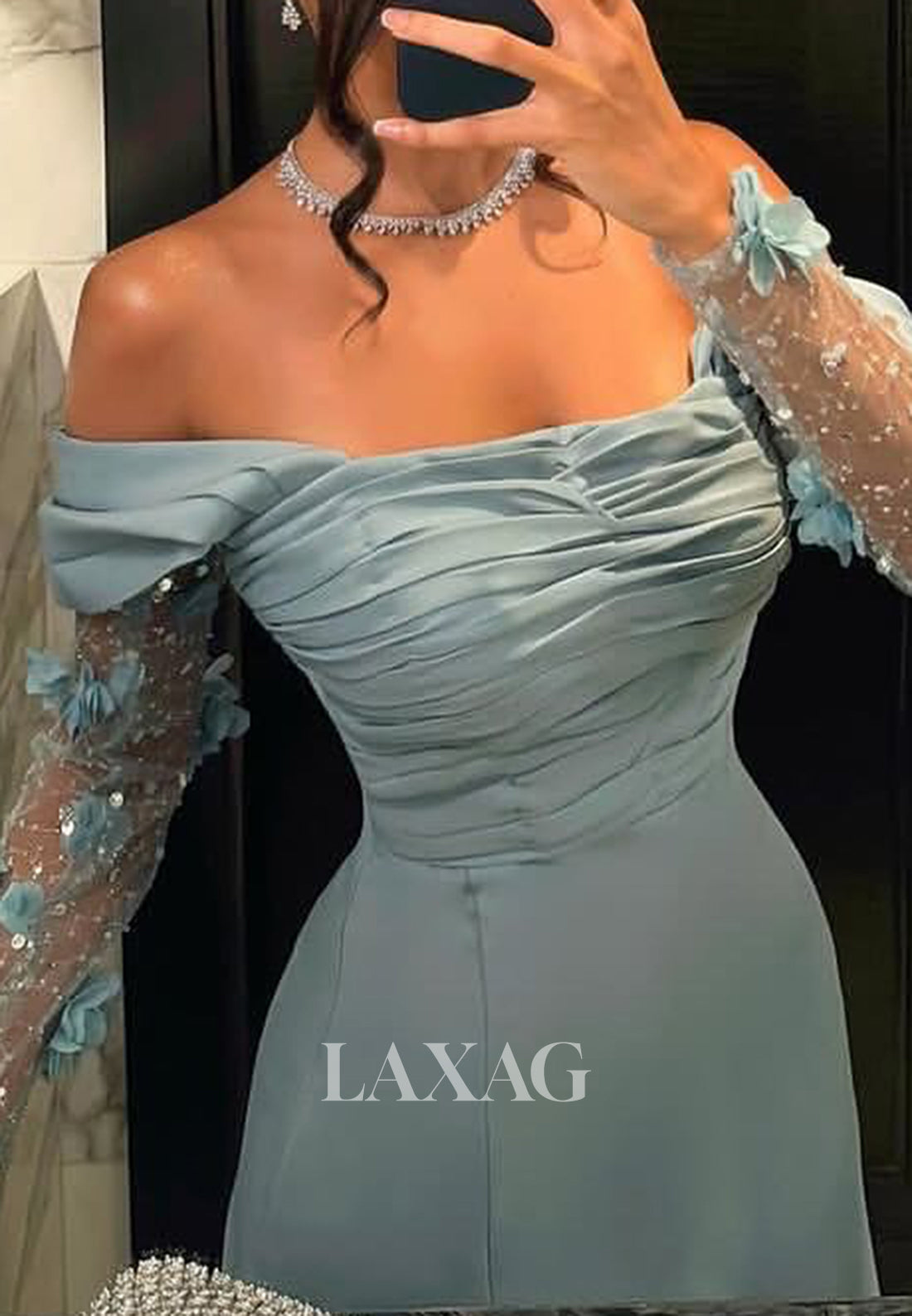 Sweetheart Long-Sleeves A-Line Evening Dress Floral Embellished Sequined Floor-Length Formal Gowns