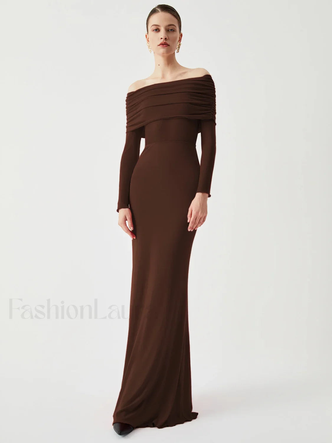 Overfold Off Shoulder Mesh Trendy Long Sleeve Long Dress Dark Brown / XS Dresses