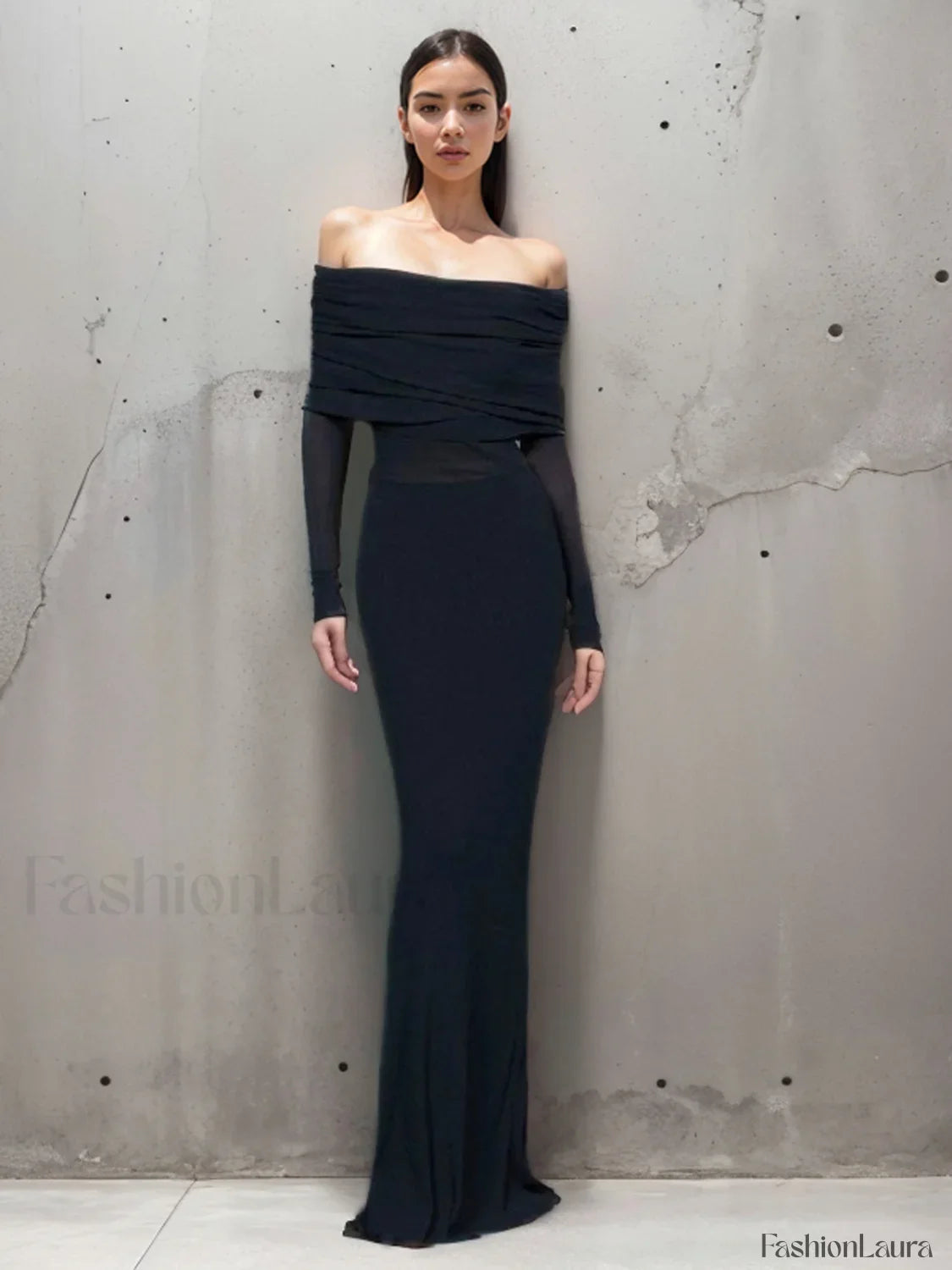 Overfold Off-Shoulder Mesh Trendy Long Sleeve Long Dress