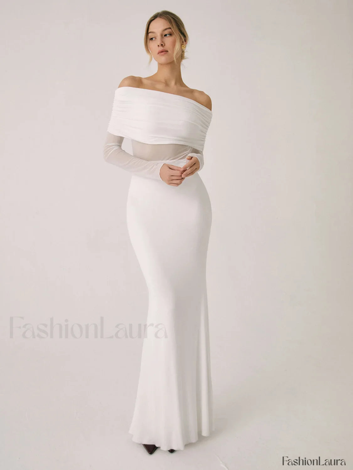 Overfold Off-Shoulder Mesh Trendy Long Sleeve Long Dress