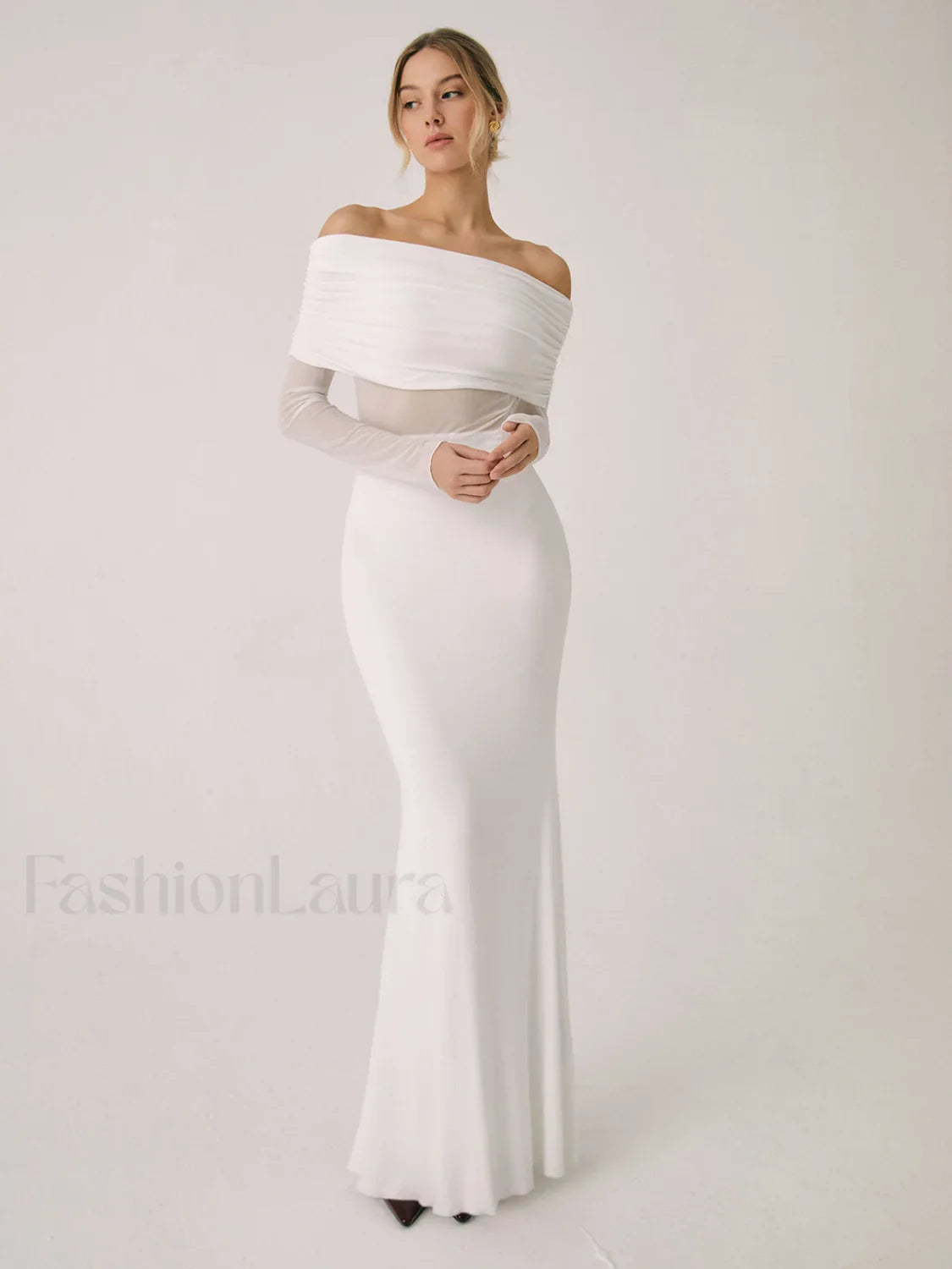 Overfold Off Shoulder Mesh Trendy Long Sleeve Long Dress White / XS Dresses