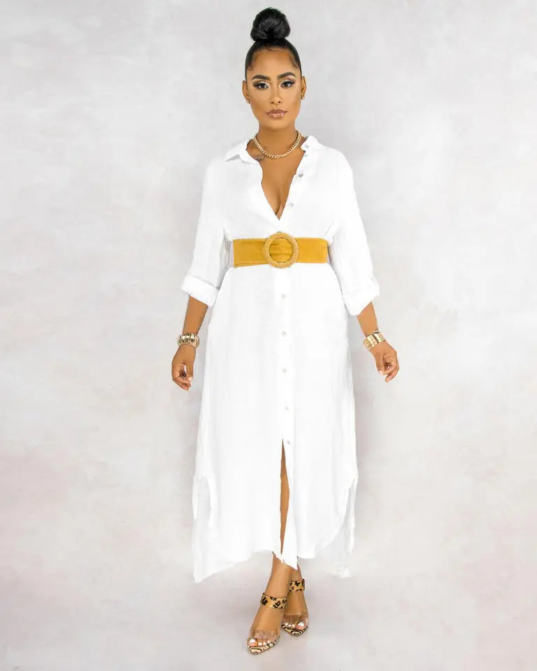 Button Down Collared Roll Tab Sleeve Box Pleat Back Oversized Maxi Shirt Dress