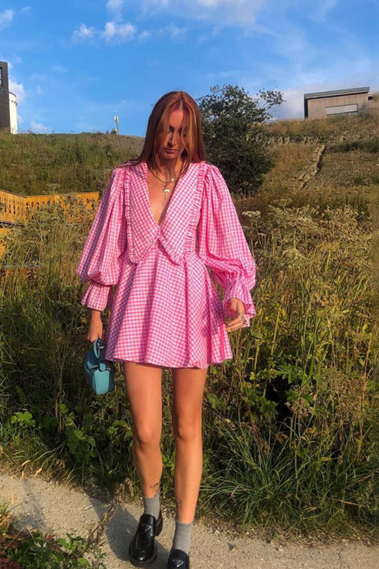 Oversized Collar Balloon Sleeve Empire Waist Gingham Babydoll Mini Dress