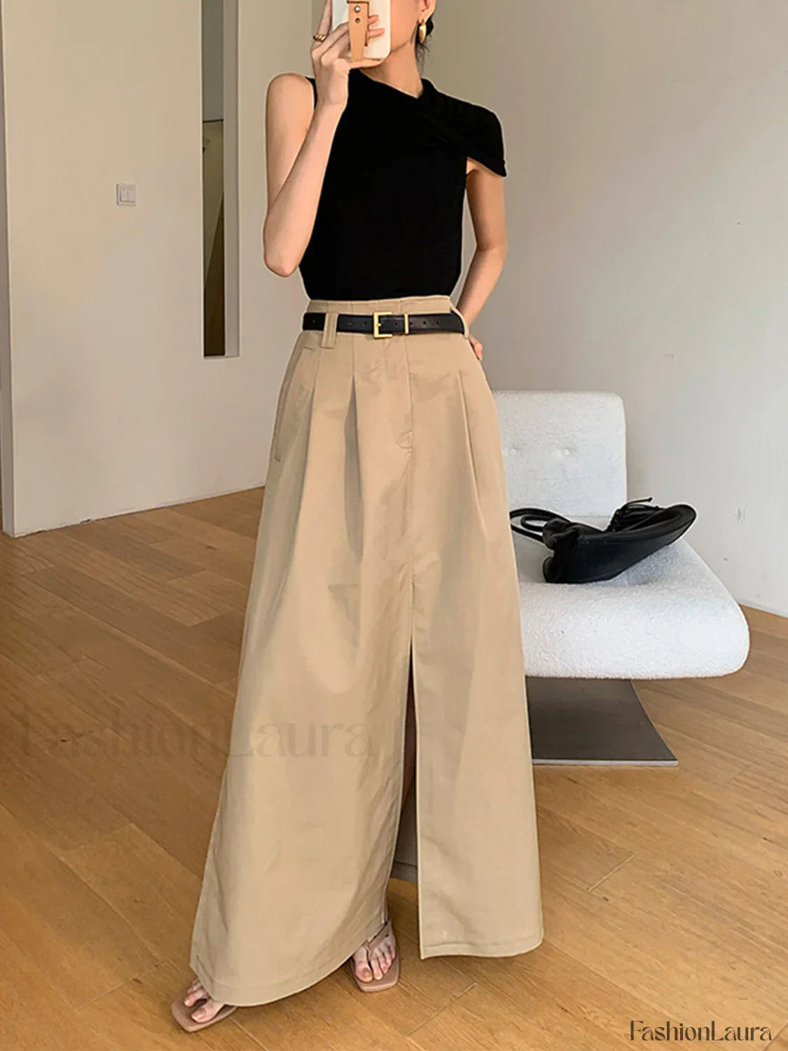 Oversized Cotton Split Maxi Skirt Without Belt