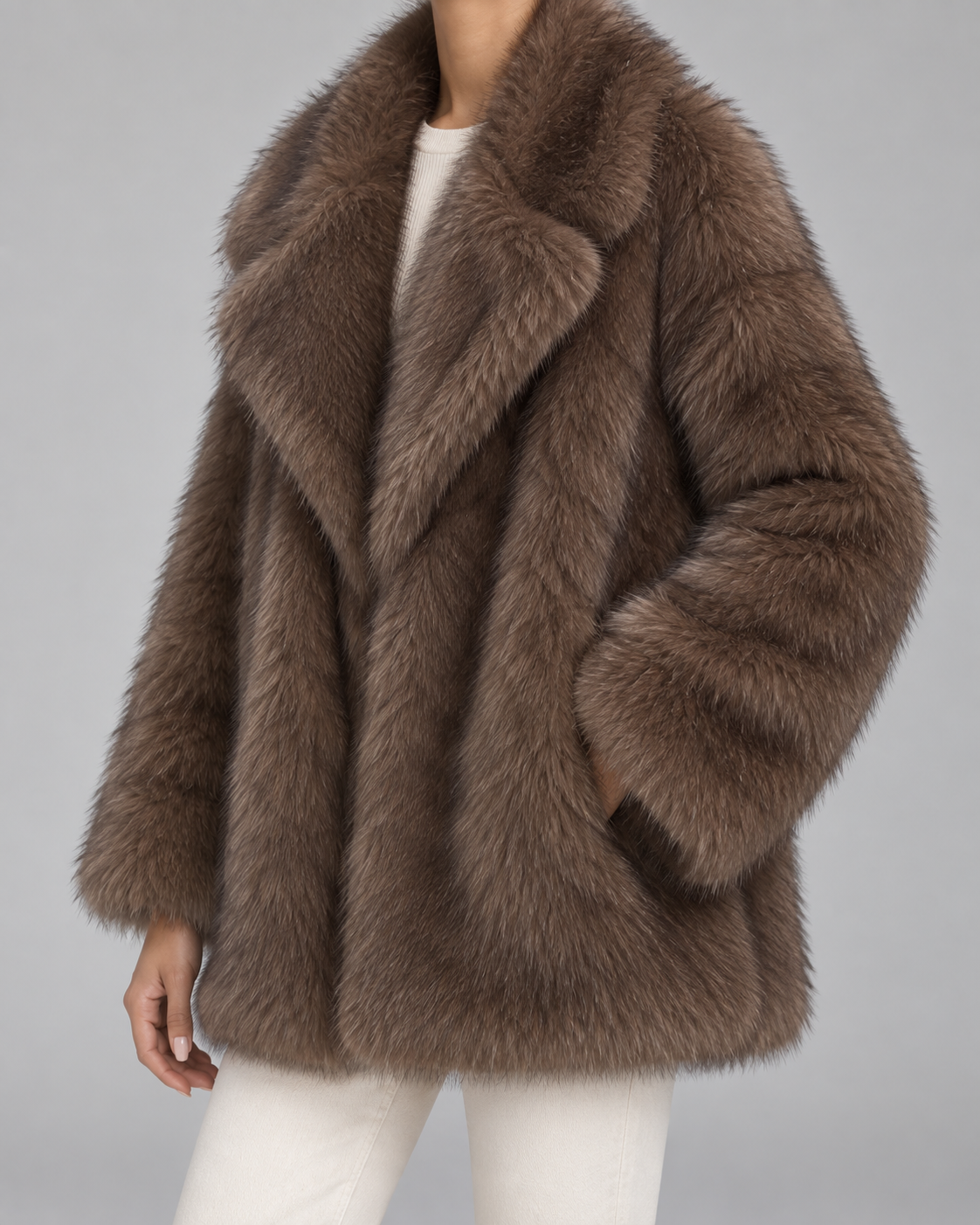 Oversized Faux Fur Jacket - Shawl Collar Hip-Length