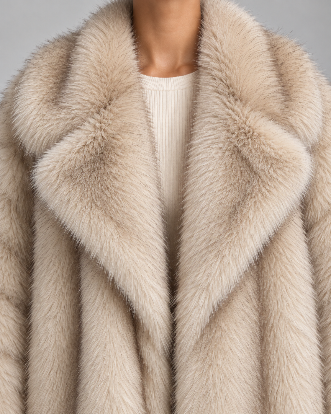 Oversized Faux Fur Jacket - Shawl Collar Hip-Length