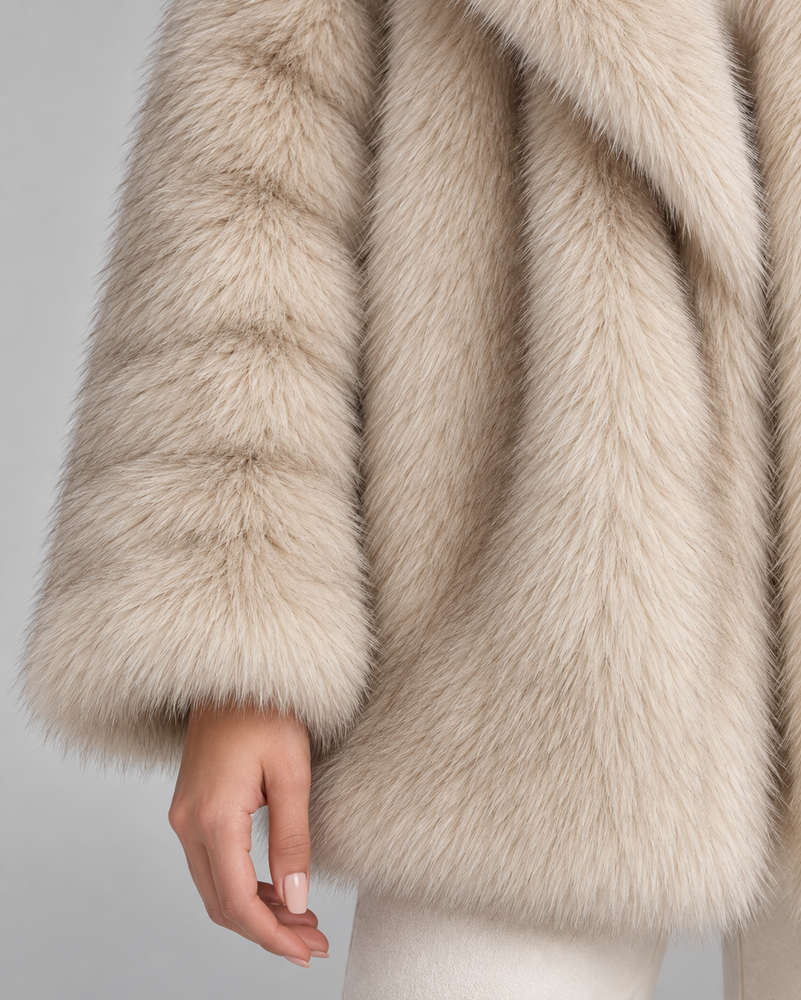 Oversized Faux Fur Jacket - Shawl Collar Hip-Length