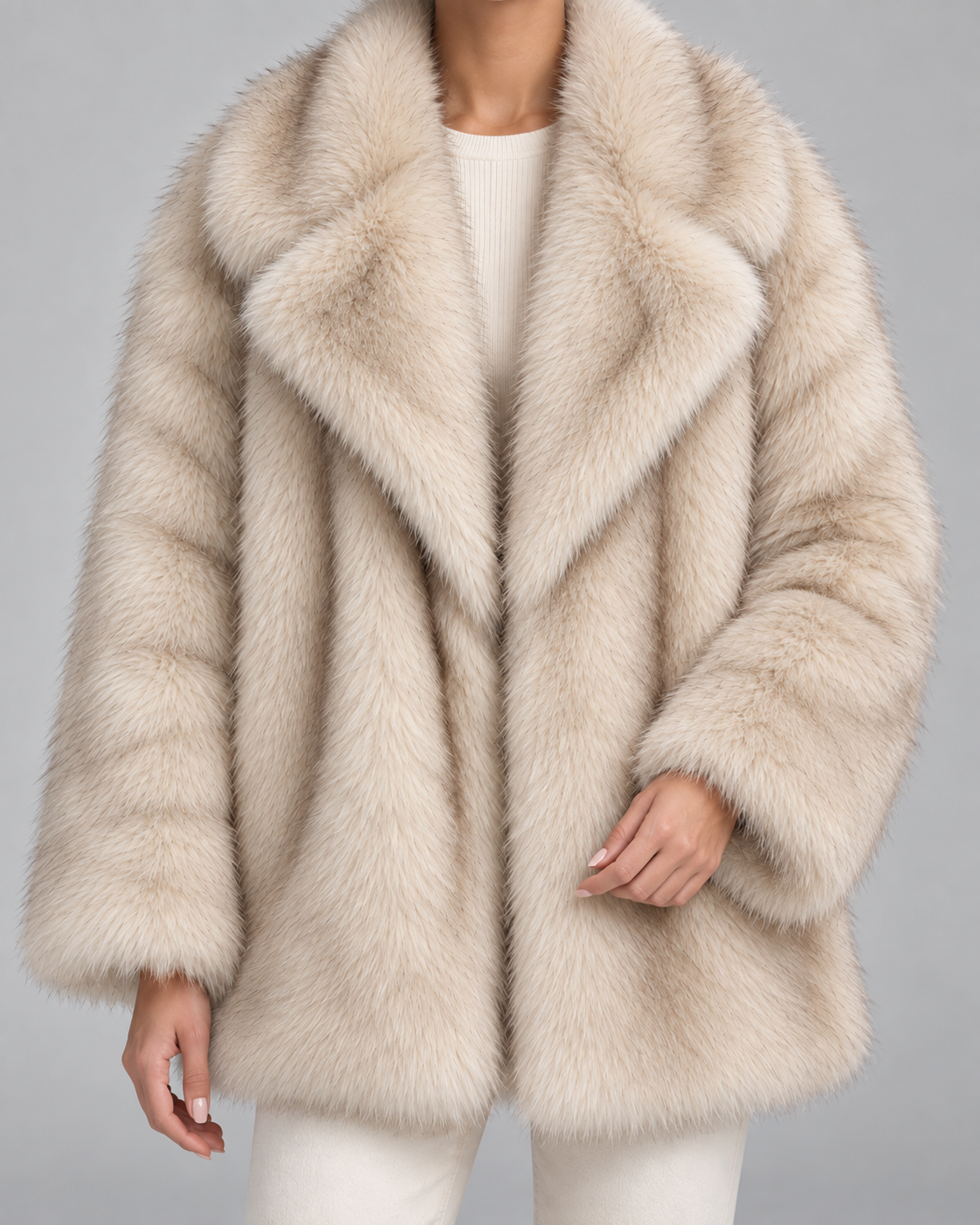 Oversized Faux Fur Jacket - Shawl Collar Hip-Length