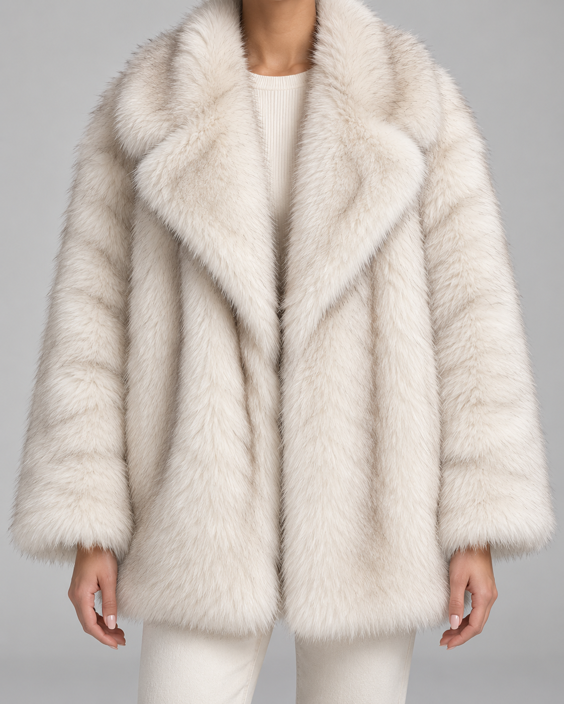 Oversized Faux Fur Jacket - Shawl Collar Hip-Length
