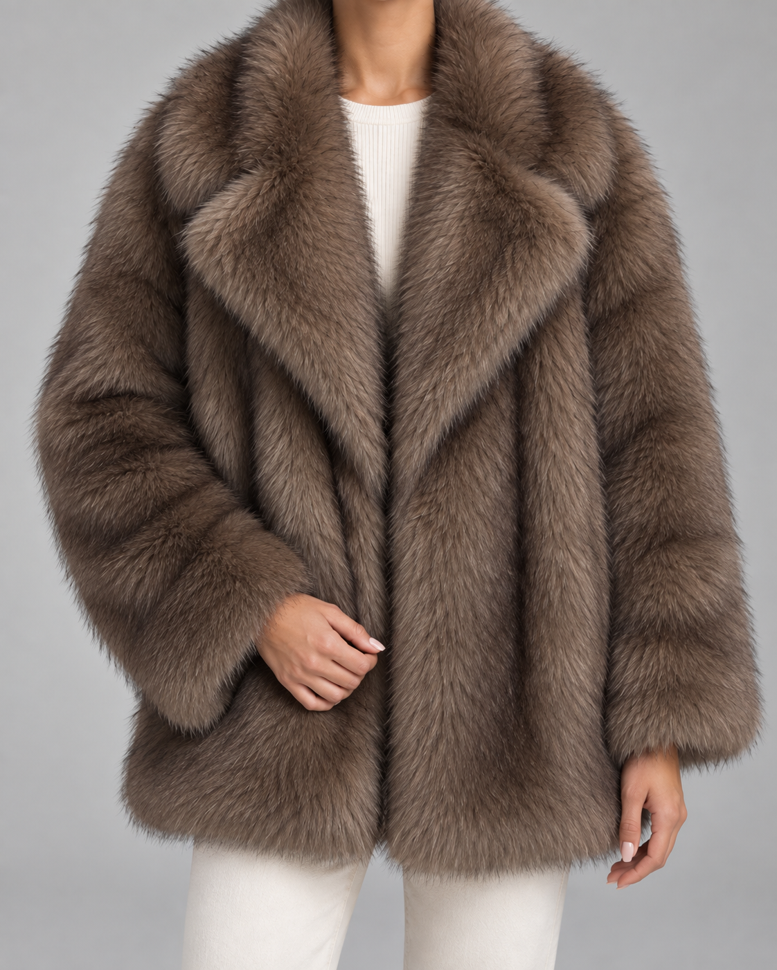 Oversized Faux Fur Jacket - Shawl Collar Hip-Length
