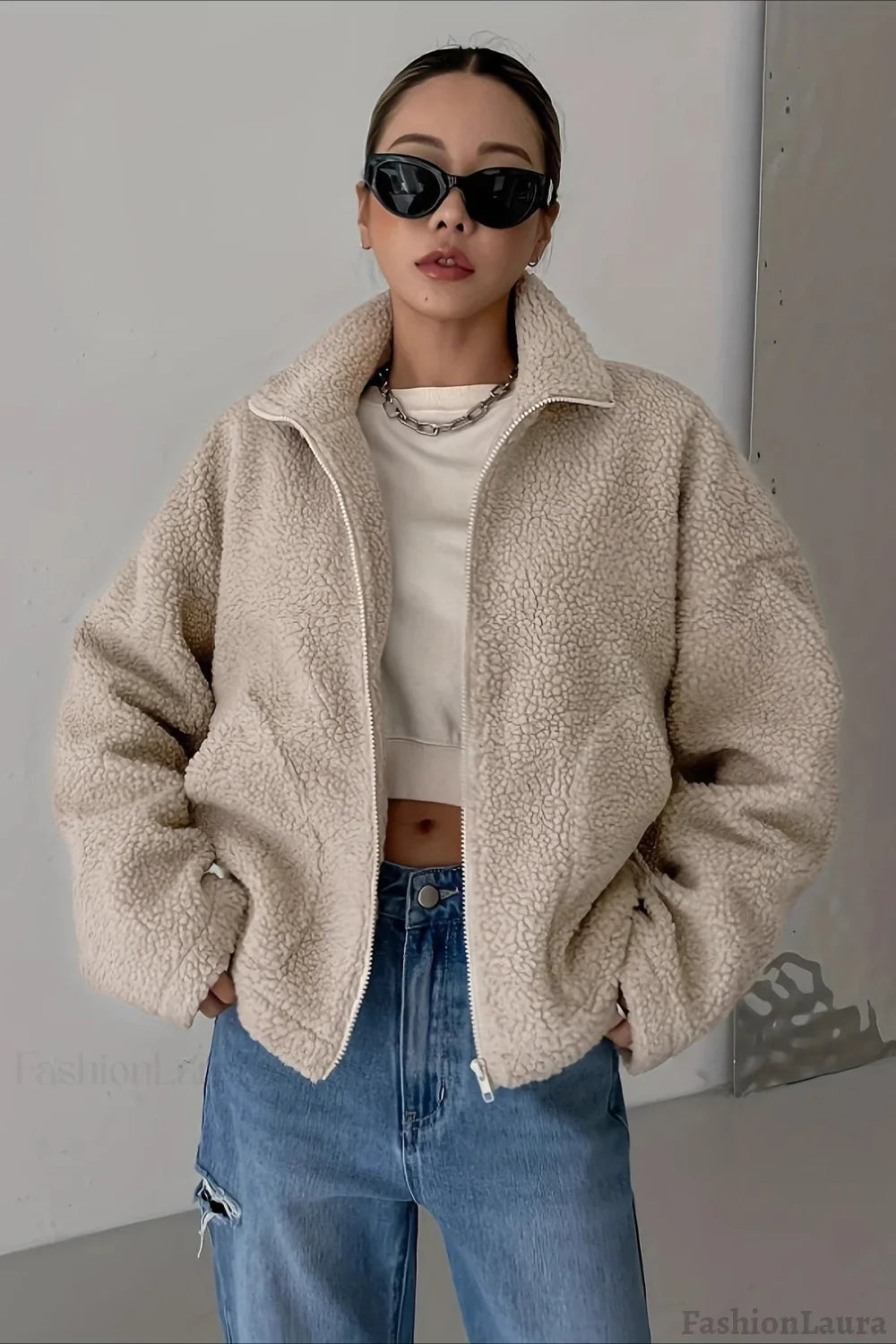 Oversized High Collar Fleece Jacket S / Ivory