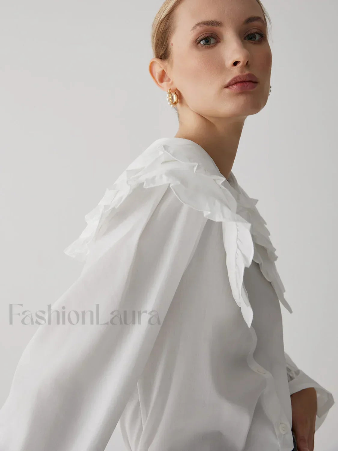 Oversized Lace Collar Trendy Button Ruffle Shirt White / L Shirts
