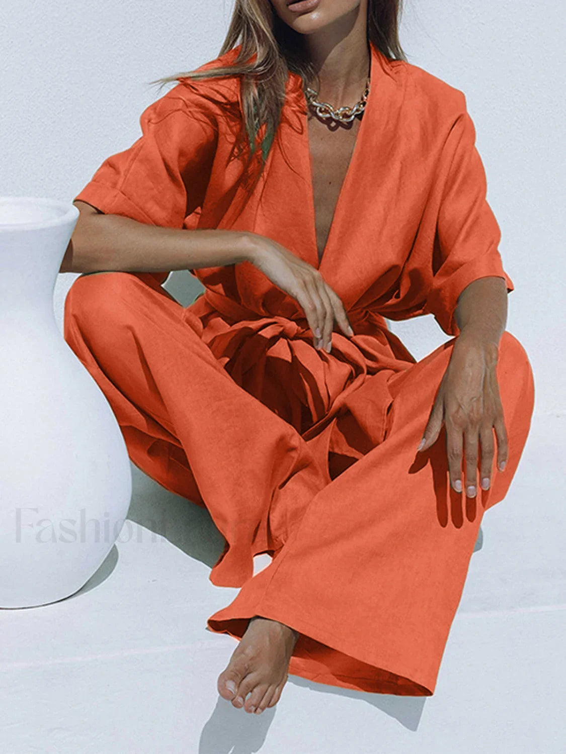 Oversized Linen Tied Two Piece Pants Set Orange / XS Pant Sets
