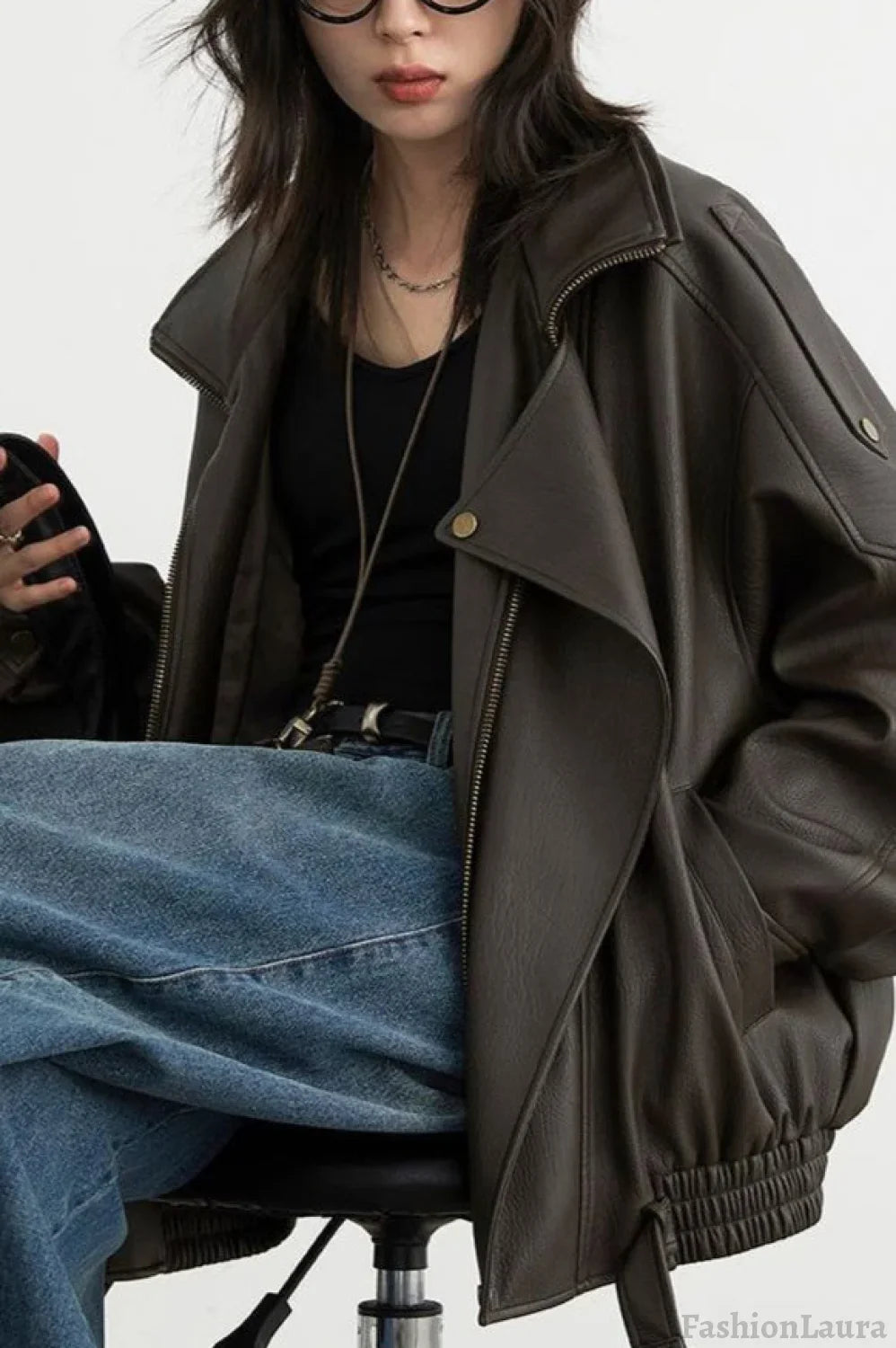 Oversized Moto Leather Jacket Brown / S