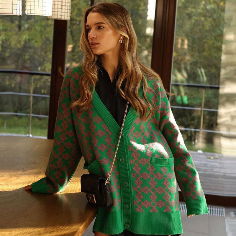 Oversized Plaid Print V Neck Button Up Long Sleeve Ribbed Cardigan - Pink Green