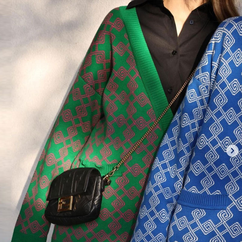 Oversized Plaid Print V Neck Button Up Long Sleeve Ribbed Cardigan - Pink Green