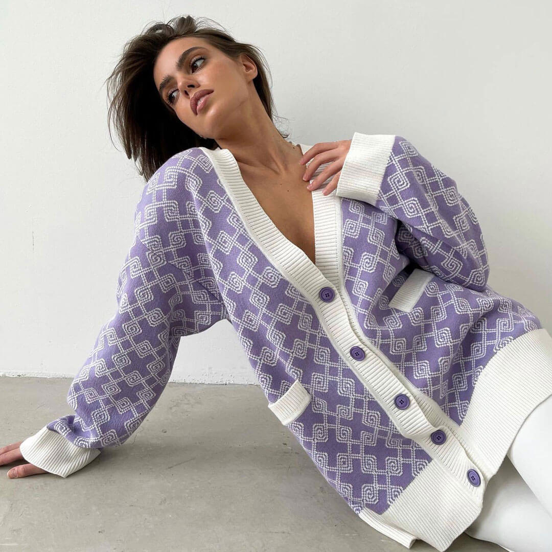 Oversized Plaid Print V Neck Button Up Long Sleeve Ribbed Cardigan - Purple