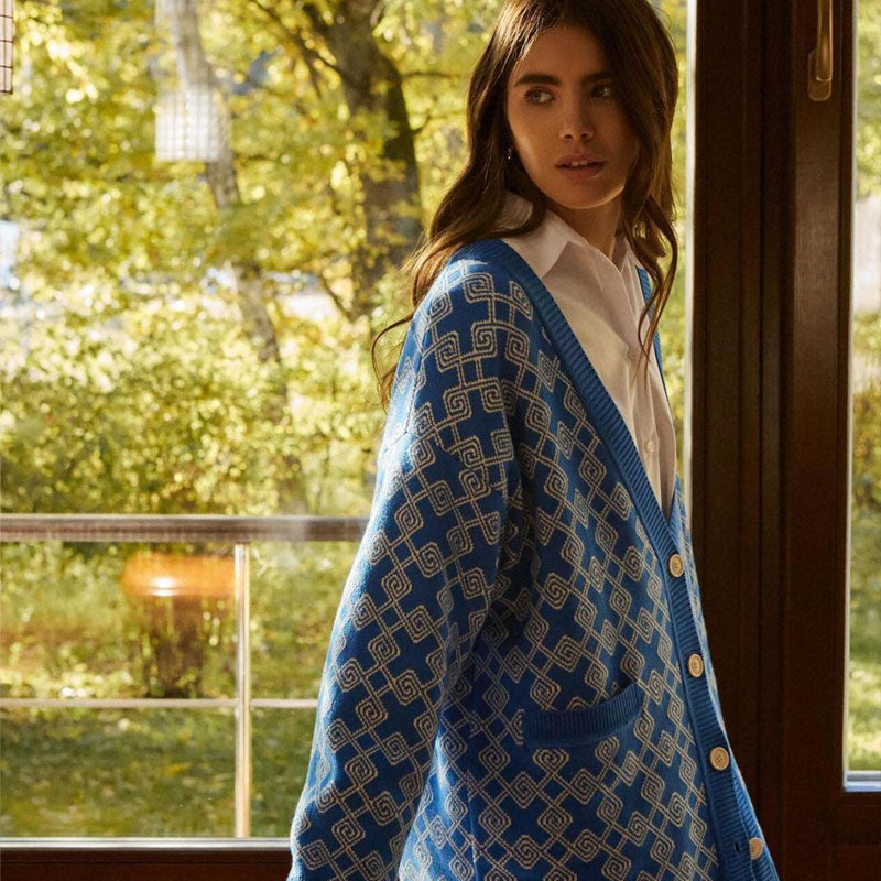 Oversized Plaid Print V Neck Button Up Long Sleeve Ribbed Cardigan - Blue