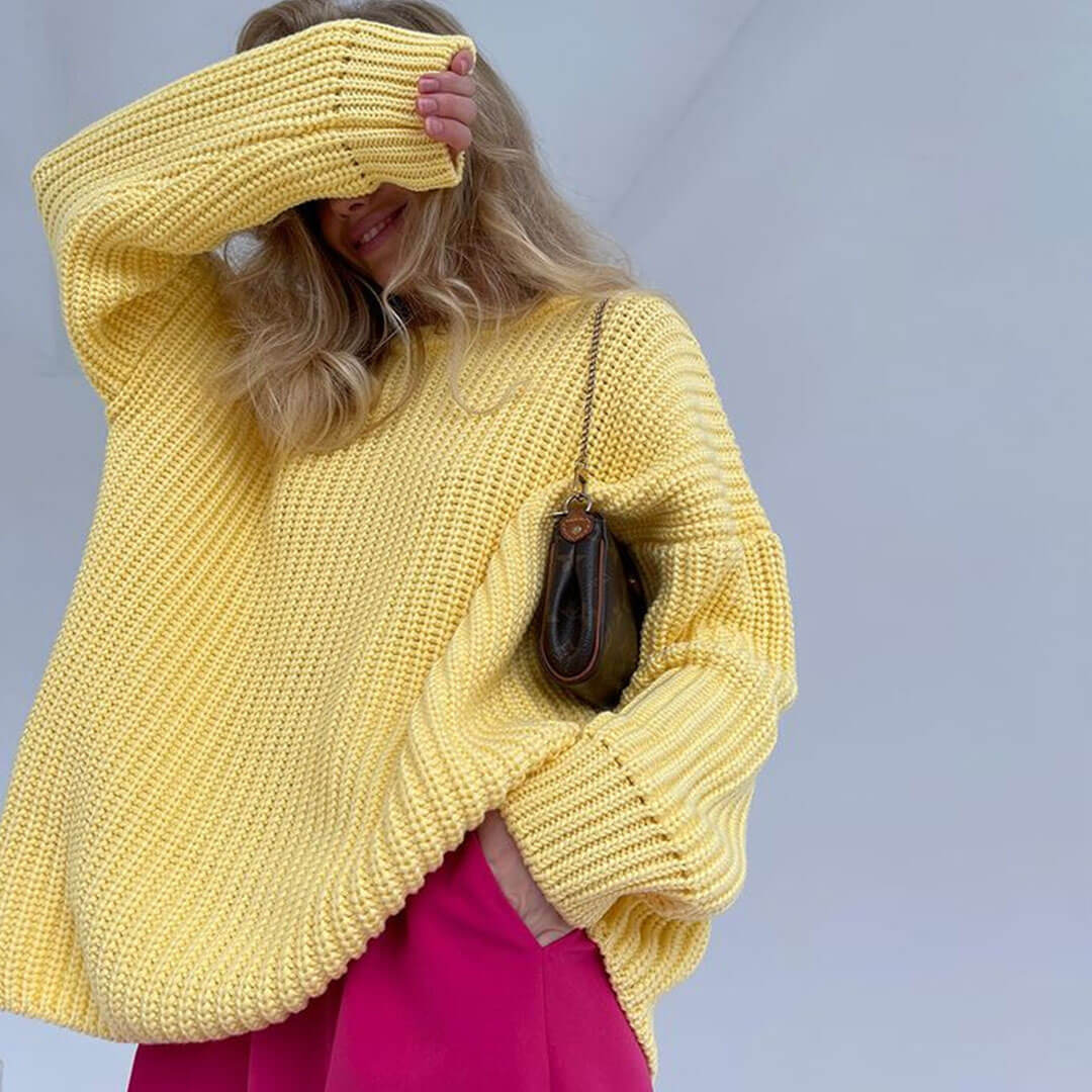 Oversized Ribbed Candy Color Crewneck Pullover Sweater - Yellow
