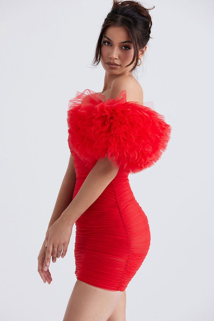 Tulle Strapless Ruffle Ruched Bodycon Mini Dress